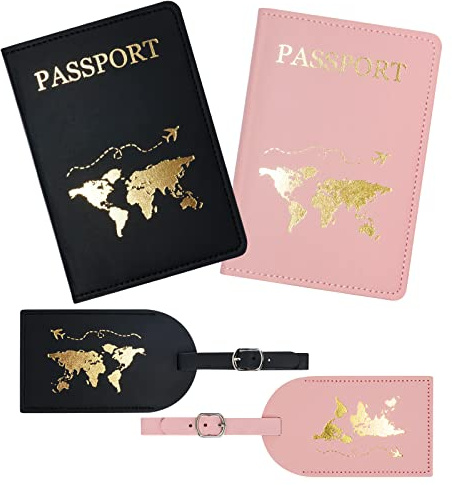 flintronic 2 Pcs Couvertures de Passeport et 2 Pcs Étiquettes à Bagages, Mr Et Mrs Porte-Passeport Housse et Étiquette Identifier de Bagage Ensemble pour les Couples Fête de Mariage Honeymoon Voyage