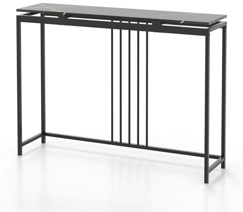GIANTEX Table Console Surface en Imitation Marbre, Console Meuble Entrée Scandinave, Structure Stable en Fer, pour Salon, Couloir, Entrée, Peu Encombrant, Assemblage Facile, 120 x 30 x 90 cm, Noir