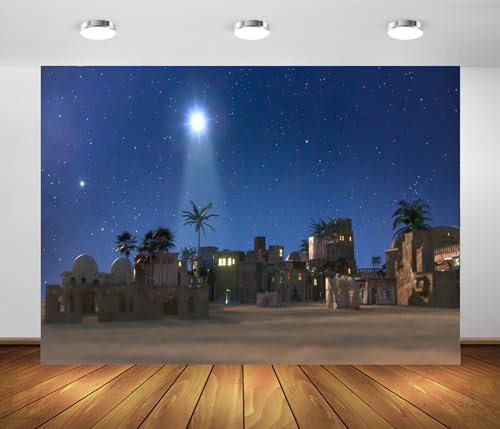 BELECO Fondo de Natividad de Tela 2.1x1.5m - Pesebre Nocturno de Jesucristo, Pueblo de Belén, Estrella de Navidad, Iglesia Religiosa - Decoración Navideña