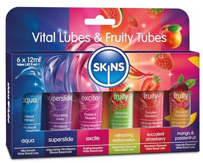 SKINS Set de Lubricantes Sexuales - Paquete de seis tubos de gel lubricante que incluyen un lubricante a base de agua, un lubricante de silicona, aromatizados, lubricante estimulante y lubricante anal