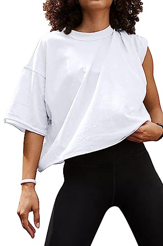 AirMood T-Shirt Court d'entraînement surdimensionné décontracté Basique Ample, Blanc, L