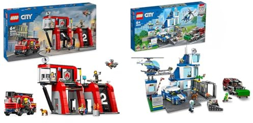LEGO City Feuerwehrstation mit Drehleiterfahrzeug, Feuerwehr-Spielzeug & City Polizeistation mit Polizeiauto, Müllauto und Hubschrauber