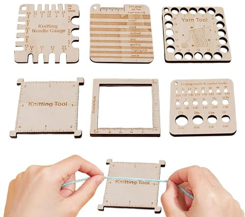 CHENNAN 6 Pezzi Calibro per Maglieria in Legno, Strumento per la Misurazione dei Filati Riutilizzabile, Righello per Aghi da Maglia, per Misurare il Grado di Maglieria,Uncinetto Accessori, Legno