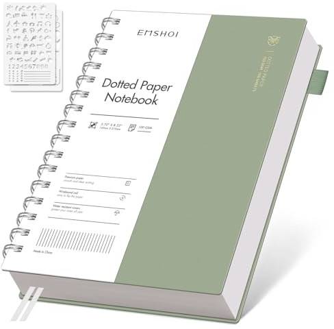 EMSHOI A5 Notebook, Spiral Dotted Journal, 300 Pages, PVC Cover, Sage Green | 100GSM Paper, Flexible Plastic Cover, Notepad with Journaling Stencils, Pocket, Pen Loop, Bookmark Ruler, 14.5 x 21cm