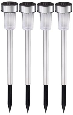 GRUNDIG Lampada solare per esterni, luce solare, 4 pezzi, lampada da giardino su picchetto, luce bianca, resistente all'acqua IP44, diametro 4,8 x 36,5 cm, acciaio inossidabile