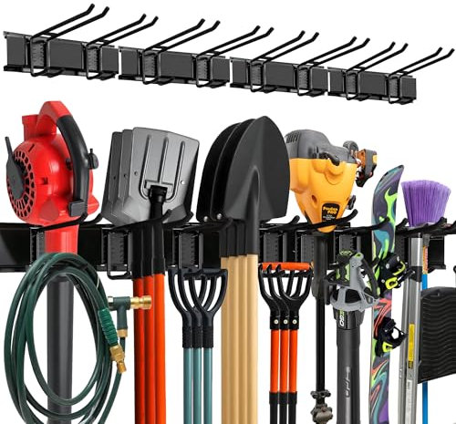 TIDYME Garage Wall Organizer | 64 Heavy-Duty Tool Storage Rack | Adjustable Double-Layer Hooks | 400 lbs Capacity | Carbon Steel Wall Mount Holder for Shovels, Rakes, Ladders & Power Tools