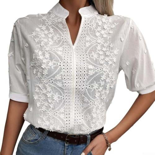 Blusa de encaje con bordado floral para mujer, manga corta, cuello en V, perfecta para el verano (XL blanco)