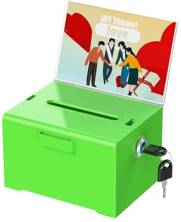 Uniclife Caja de donación acrílica con cerradura y soporte para carteles, urna, verde con ranura, cajas de sugerencias de plástico, tarro de punta, contenedor de almacenamiento de dinero en efectivo