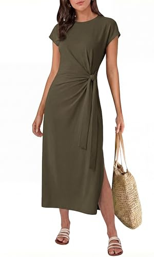GRECERELLE Robe midi d'été décontractée à manches courtes avec ceinture nouée pour femme