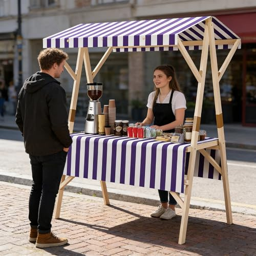 Carrito de comida portátil para exteriores con toldo - Puesto de venta de comida callejera plegable de madera para mercados agrícolas y eventos - Carrito de exhibición móvil ligero Blue 120×60×200cm
