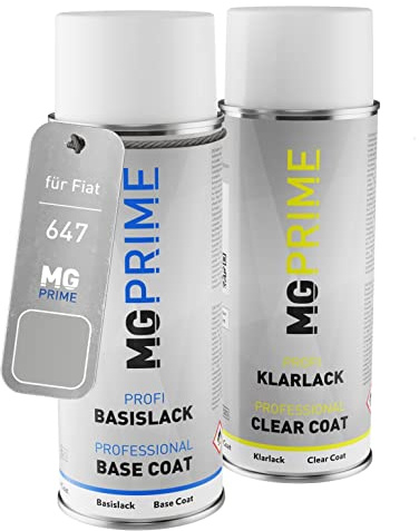 MG PRIME Vernice per auto Kit di bombolette a spruzzo per Fiat 647 Grigio Steel Metallic/Stahlgrau Metallic Bomboletta spray da 400ml di vernice di base vernice trasparente