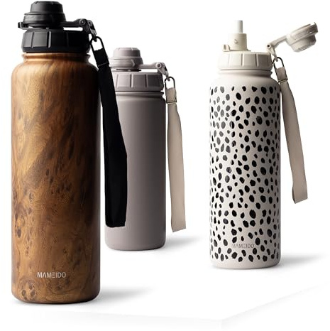 MAMEIDO Thermosflasche mit Strohhalm 1,2 l, auslaufsichere Trinkflasche Edelstahl isoliert, Wasserflasche BPA-frei mit Trageschlaufe, Water Bottle Sport (Oak Wood)