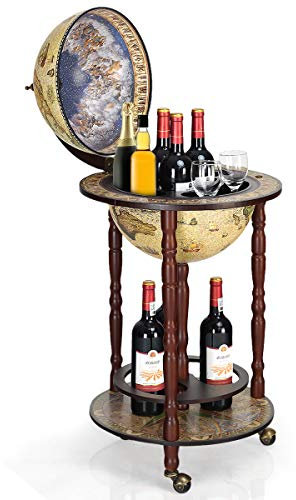 TANGZON 330MM/360MM Globe Drinks Cabinet, Movable Whisky Wine Spirits Bar Cabinet with Tabletop, Bottom Shelf & Wheels, Wine Container Minibar Storage Wooden Cart (No Top, 330MM Globe, 45 x 45 x 88cm)