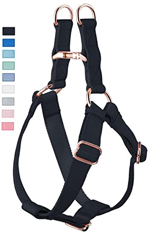AaufiLux Soft Leather No Pull Dog Harness - Adjustable Step In with Rose Gold Heavy Duty Metal Buckle, Freedom Nylon Dog Halter Vests for Small Medium Large Dogs Easy Walking Training (Black, L)