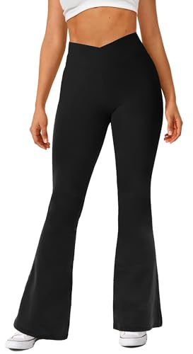 Navneet Women Flared Leggings Flare Trousers Pilates Yoga Pants Crossover Waist Bootcut Leggings Gym Workout Going Out Black S