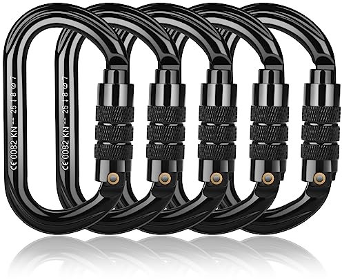 Karabiner Klettern, BOORCA UIAA-Zertifiziert 25 KN Hochleistungs Karabinerhaken für Klettern, Abseilen und Bergsteigen, Rettung, Hängematten, Schwung, Camping und Hundeleine, 5 Stück, Schwarz