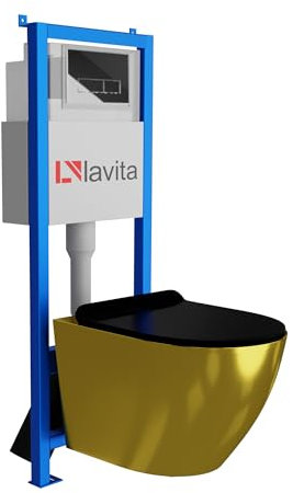 Lavita LAV 101 - Elemento da parete per WC 40 cm + parete sospesa per WC SOFI SLIM GOLD/BLACK senza bordi + pannello di controllo LAV 200.3.2 cromato | Set completo | Cassetta di risciacquo da incasso
