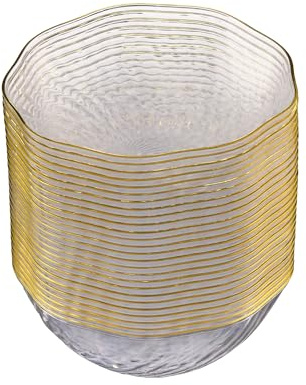 PLASTICPRO 30 Pack Elegant Plastic Plates 14 ounce Bowls Clear with Gold Rim Spiral Design Disposable Plastic Dinner Bowls