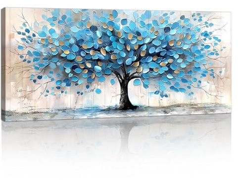 FajerminArt Framed Wall Art Canvas Prints, Large Abstract Blue Gold Blooming Trees Canvas Wall Art Paintings Pictures for Living Room Bedroom Home Wall Decor Artwork Ready To Hang 20x40(50cmx100cm)