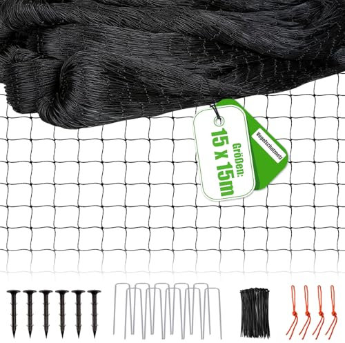 Filet de protection contre les oiseaux, 15 m x 15 m, avec filet de 6 cm, pour jardin, étang pour chat, balcon, résistant aux UV, pour clôture, poulailler, avec 6 ancrages au sol