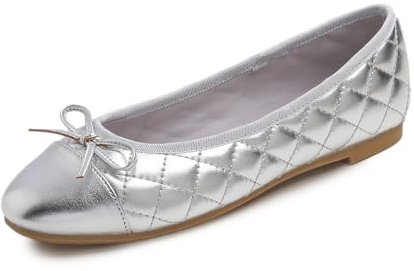 Feversole Damen Klasssische Ballerinas Lack Balerinaschuhe Flach Damenschuhe Silber Zehenkappe EU 41