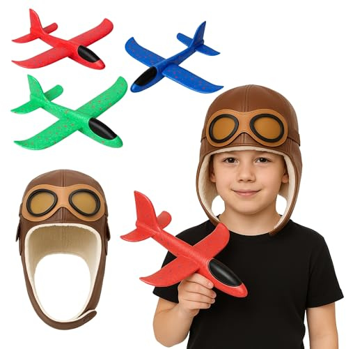 FUN FABLES Children’s Brown Biggles Hat with Attached Glasses & 23cm Foam Glider Plane | Pilot Fancy Dress Accessory & Flying Toy | Birthday Gift for Boys Girls Aviation Lovers