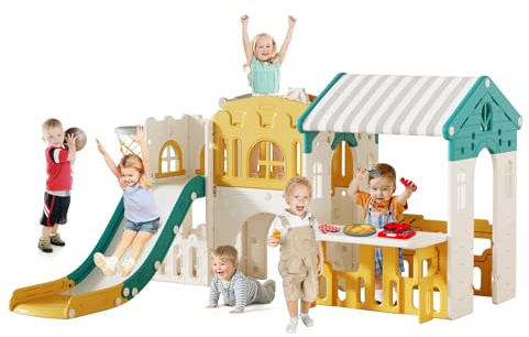 Playground Playsets Outdoor Playhouse 10 in 1 Toddler Slide with Rock Climber with Basketball, Hoop, Storage, playroom Upgraded