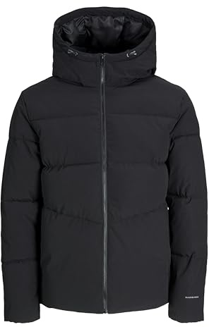 JACK & JONES Mens Puffer Jacket Hooded Long Sleeve Detachable Hood Full Zip Outdoor Windproof Jacket for Men, Black Colour, UK Size - XL