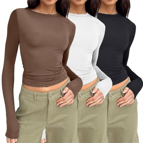 OYIWINMI 3 Pack Womens Long Sleeve Basic Tops Crew Neck Thermal Shirts Stretch Fitted Underscrubs Layer Tee XXS-L