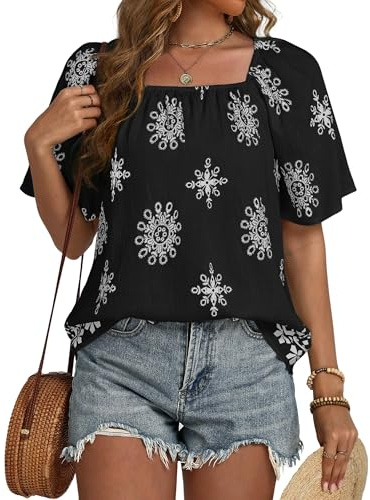 IEEILULU Top Estivi da Donna in Stile Boho con Stampa Floreale, Colletto Quadrato, vestibilità Ampia, Camicette, Tuniche, Casual, Camicie da Spiaggia, Nero Bianco, Taglia M