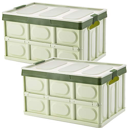 Tuevob Collapsible Storage Bins 2 Pack 30L - Lidded Plastic Tote Container with Stackable Folding Utility Crate for Clothes, Toys, Books, Snacks, Shoes, Grocery - Green