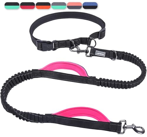 VIVAGLORY Hands Free Dog Lead Bungee Waist Dog Lead, S, Black/Pink2