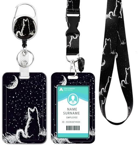 DUOUPA Ausweishülle mit Band, Ausziehbarer Schlüsselband Badge Holder, Kartenhülle Schlüsselanhänger mit Karabiner, Lanyard für Frauen, Lehrer, Krankenschwester, Doktor, Student(Moon katze)