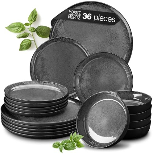 Moritz & Moritz VIDA 36-Piece Porcelain Dinner Set for 12 People - Modern Anthracite Plates and Bowls Set, Microwave & Dishwasher Safe - Includes Dinner, Dessert Plates & Soup Bowls
