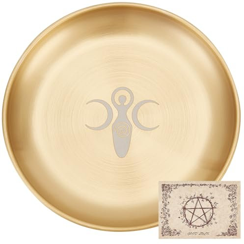 CREATCABIN Tarot Theme Altar Plate Moon Ritual Burning Candle Holder Bowls Offering Incense Aromatherapy Tray Ceremony Plate with Altar Card Home Decor for Witchcraft Wiccan Wedding Golden 5.55 Inch