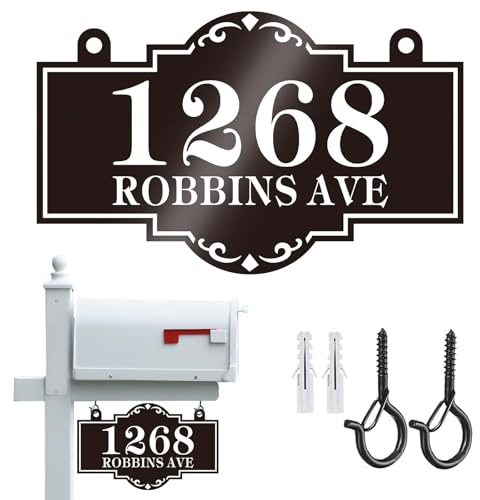 Hanging Address Sign Plaque - Personalized House Number Sign Plaque,House Address Numbers for Outside Mailbox,Lamp Post,Light Post,Metal Reflective Double Sided with 2 Hooks 10 x 6.3
