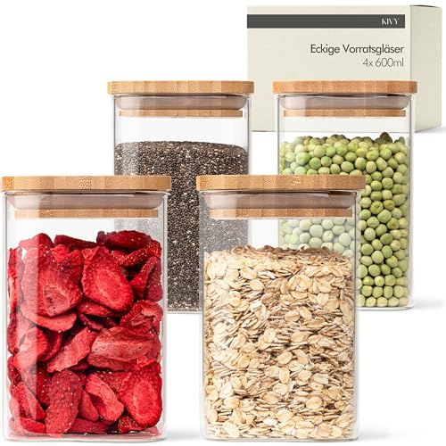 KIVY Tarros de almacenamiento con tapa – 4 x 600 ml – Pequeños tarros con tapa de bambú – Tarros de almacenamiento con tapa