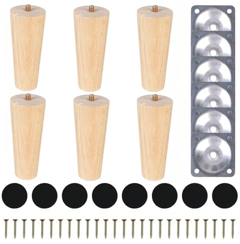 COEWUR 6 Piezas Patas para Muebles Madera 10cm Pies para Muebles con Placa de Montaje Tornillos y Protectores de Suelo Patas para Cama Mesa de Té Sofá Cajonera Mueble TV