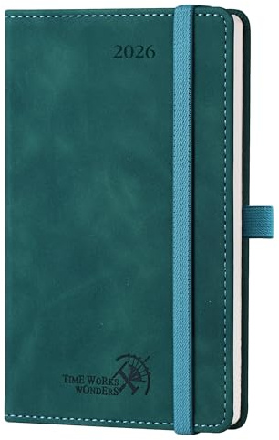 POPRUN Kalender 2026 Liten 16 x 10,5 cm Veckoplanerare, 1 Sida per Vecka med 1 Sida Anteckningar, Mjukt Omslag i PU-Läder, Bokmärkesband, 100 GSM Tjockt Papper, Djup havsgrön