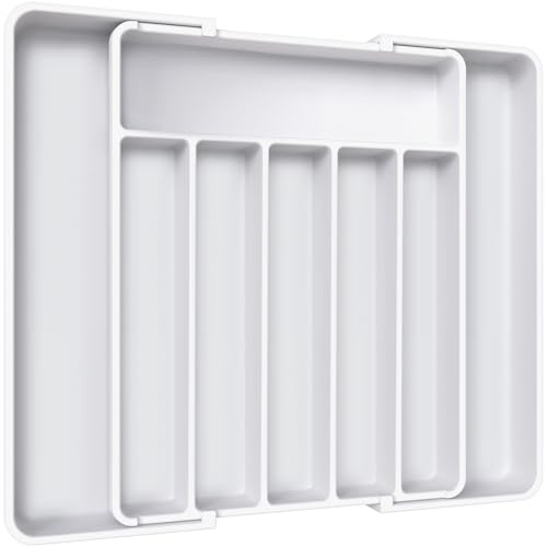 Aujen Cutlery Drawer Organiser - Expandable Kitchen Drawer Storage Organiser, Adjustable Cutlery Tray, Multipurpose Utensil Organisation for Forks, Knives, White, 34.00 x 4.17 x 26.00~50.00 cm