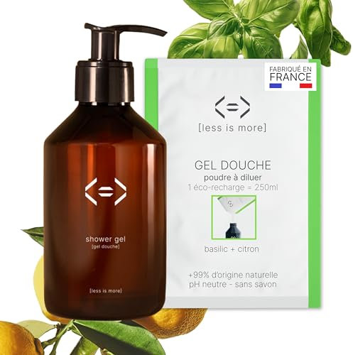 Less is More, Gel Douche Naturel en Poudre à Diluer Basilic/Citron, sans SLS, sans Savon, Kit Bouteille + 1 Recharge Ecologique sans Plastique à Usage Unique, 250ml à Reconstituer, Made in France