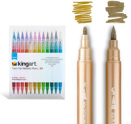 KINGART 24 Metallic Dual Tip Brush + Fine Markers - Easy for All Ages & Levels Pens for Card Making, Journaling, Scrapbooking, Fabric, Rock, Glass, DIY, Black Paper, Art Supplies, Halloween, Christmas