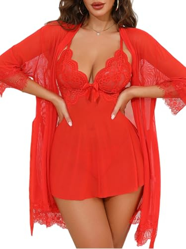 Aranmei Red Lingerie Sets for Women 3 Piece Babydoll Lingerie with Robe & G-String, Lace Nightwear Chemise Nightdress
