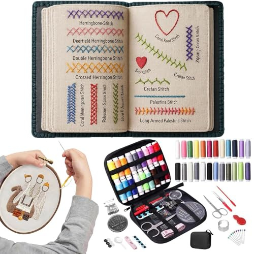 Pruojhw Kit de Libro de Bordado,106 Patrones y Herramientas de Costura Completas con Tutorial | Kit De Bordado A Mano Para Adultos Principiantes,Profesionales Familia Amigos Mujeres