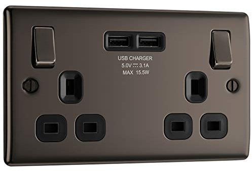 BG Electrical nbn22u3b Double Switched Fast Charging Power Socket with Two USB Charging Ports, Black Nickel