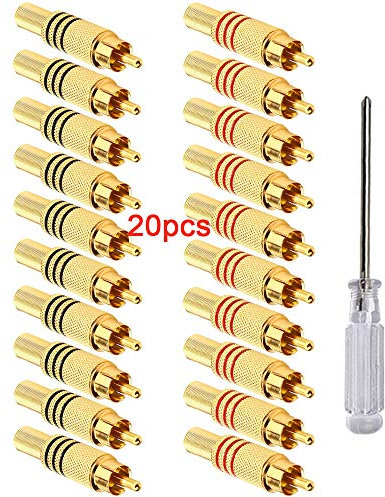 Aiqeer 20 Piezas Conectores de Enchufe Macho RCA, Adaptador de Audio/Video de Altavoz Chapado en Oro, Sin Soldadura, para Multimedia y CCTV