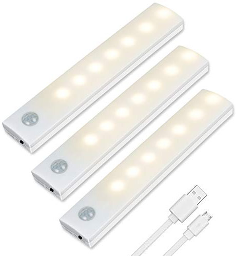 Vicloon Luce per Armadio, 3Pcs Lampada Guardaroba LED con Sensore di Movimento, Batteria Ricaricabile Luce con Striscia Magnetica Adesiva, Luci Notturne per Armadio, Scale, Bagno, Camera, Corridoio