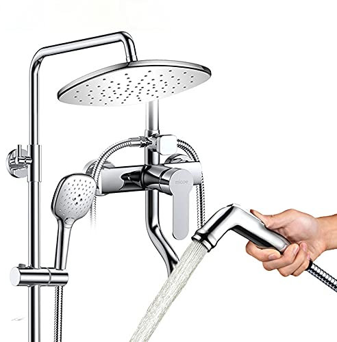 Set doccia, doccia a mano a 3 posizioni e doccia fissa regolabile in inclinazione, kit doccia pressurizzata con interruttore rotante a 4 comandi per l'uscita dell'acqua, pistola a spruzzo e ripiano, f