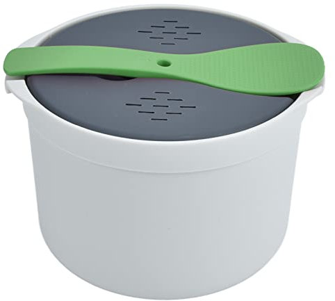 Cuiseur à Riz Micro Ondes, 2 L Pâtes Alimentaire Microwave Rice Cooker PP Autocuiseur Cuillère Couvercle Passoire Antiadhésif Pot Vapeur Cuire Conserver Céréales Couscous Légumes Légumineuses Vert
