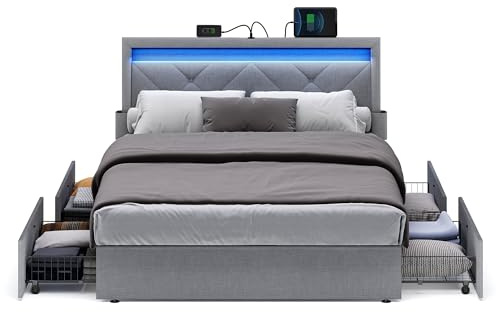 VASAGLE LED Bed Frame Full Size, Full Bed with Headboard and 4 Drawers, 1 USB Port and 1 Type C Port, Adjustable Upholstered Headboard 37.1/39.6 Inches, No Box Spring Needed, Light Gray URMB822G01